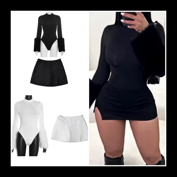 Women Fur Full Sleeve Bodysuit Fashion Two Piece Skirt Set