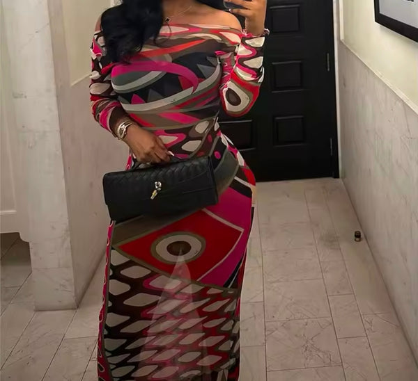 Women Sexy Multicolored Print Full Sleeve Mesh Maxi Dress