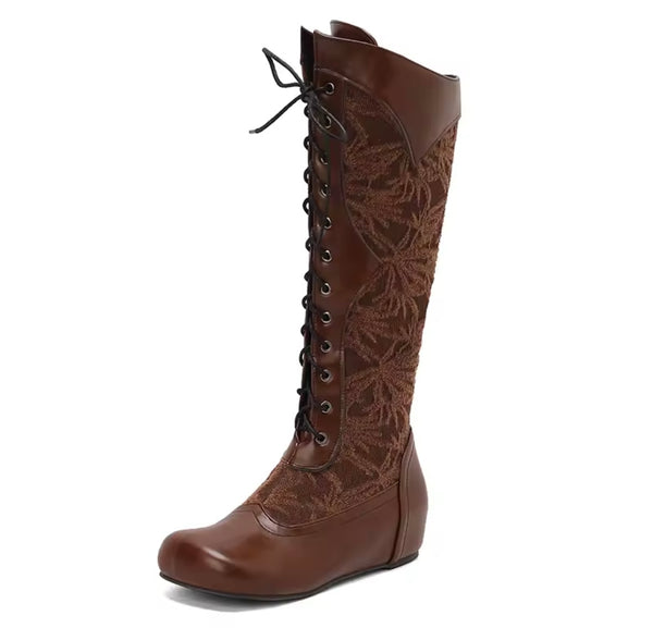 Women Fashion Floral Lace Up Flat Knee High Boots