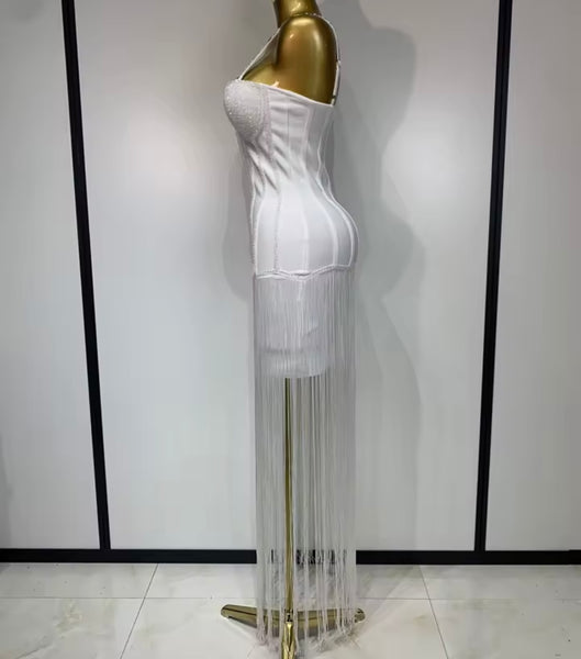 Women Rhinestone Sleeveless Fringe Tassel Sexy Maxi Dress