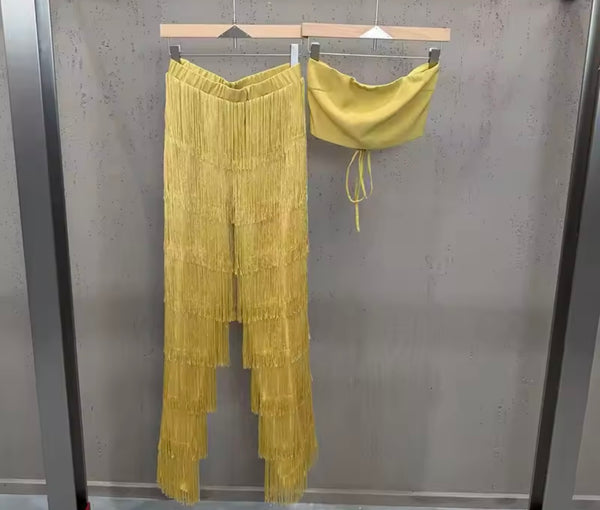 Women Color Strapless Corset Two Piece Fringe Tassel Pant Set