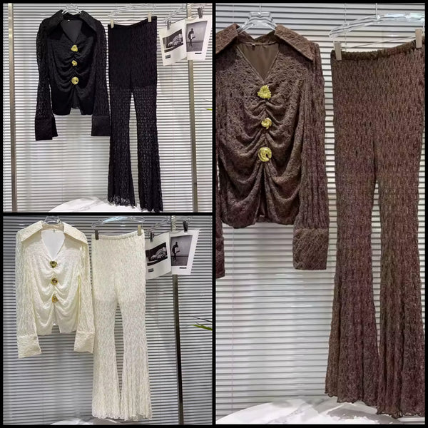Women Fashion Lace Collar Button Up Two Piece Pant Set