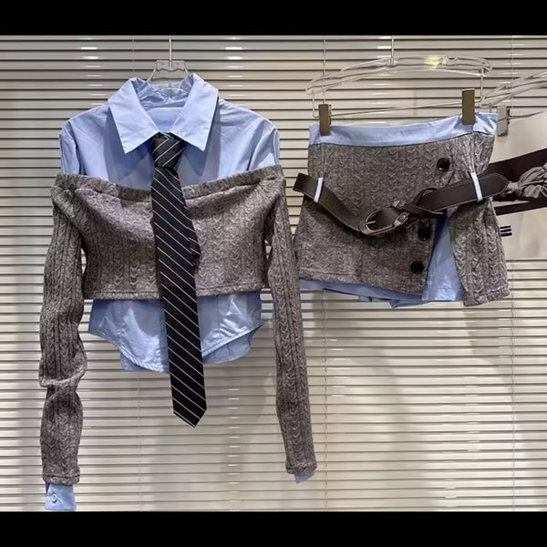 Women Fashion Tie Button Up Knitted Three Piece Skirt Set