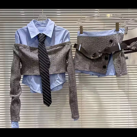 Women Fashion Tie Button Up Knitted Three Piece Skirt Set