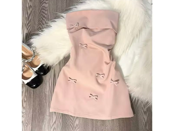 Women Sexy Strapless Pink Bow Dress