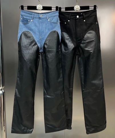 Women Fashion Faux Leather Denim Patchwork Pants