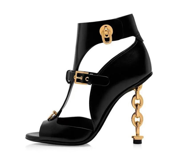 Women Open Toe Gold Heel Fashion Chain Sandals