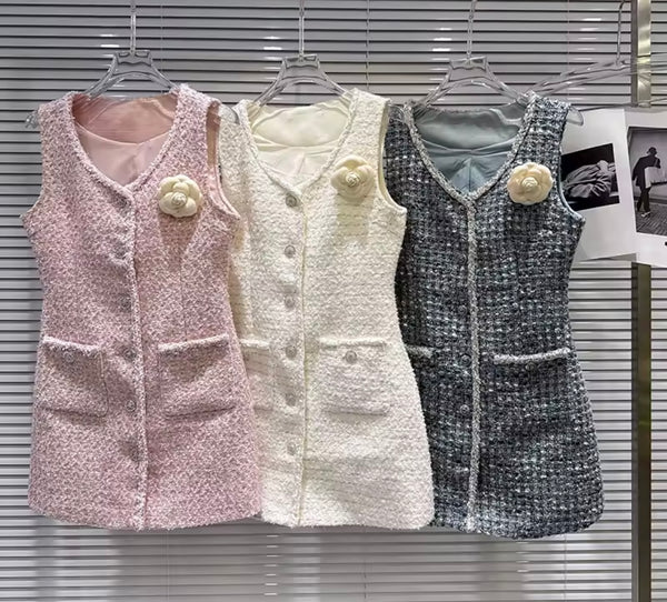 Women Button Up Sleeveless Floral Tweed Dress