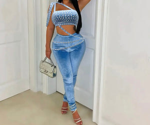 Women Sexy Sleeveless Bling Velour Two Piece Pant Set