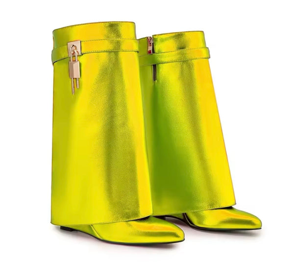 Women Fashion Color Metallic Buckled Lock Wedge Boots