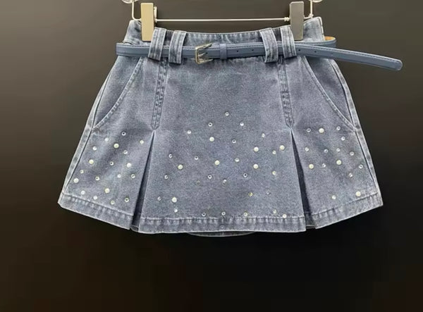 Women Denim Rhinestone Button Up Two Piece Skirt Set