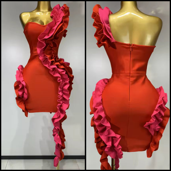 Women Sexy Red One Shoulder Ruffled Dress