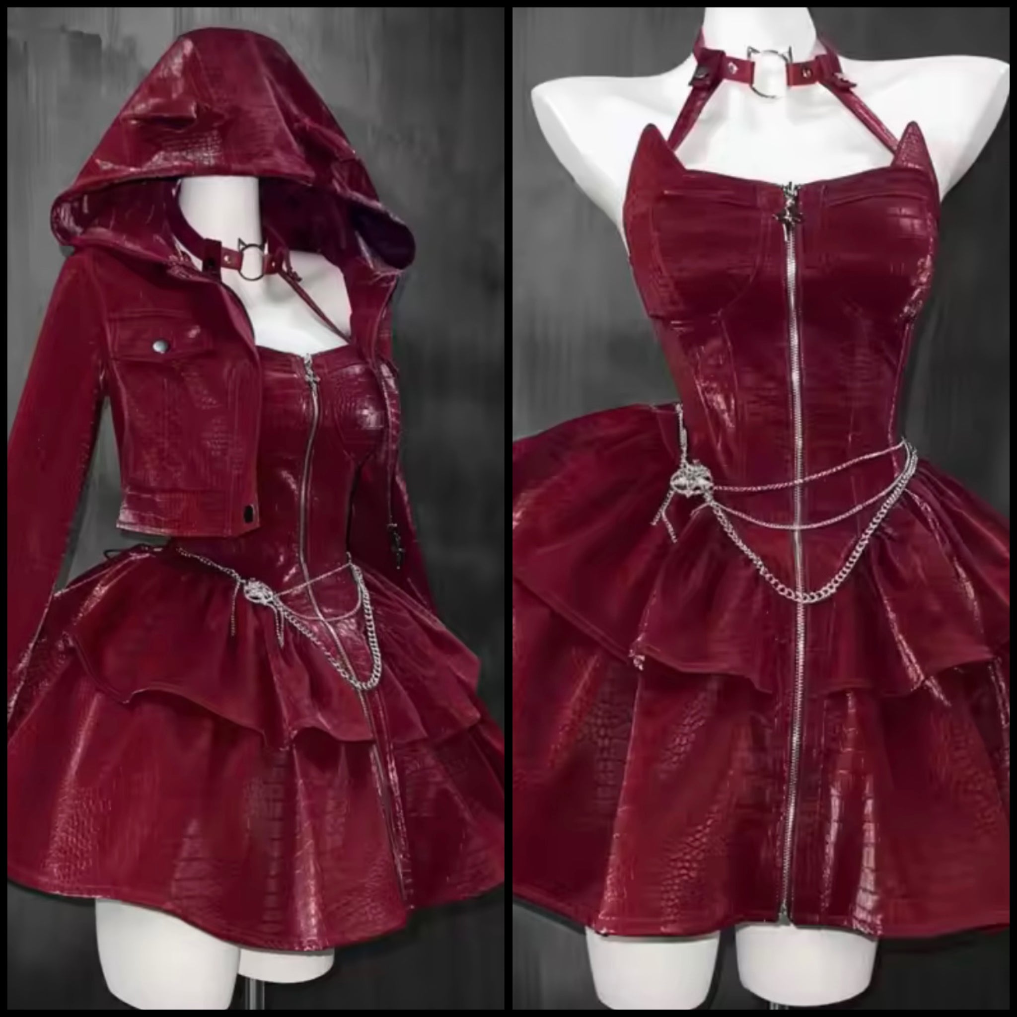 Women Choker Zip Up Faux Leather Two Piece Hooded Jacket Dress Set