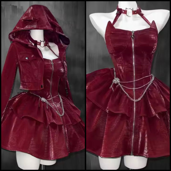Women Choker Zip Up Faux Leather Two Piece Hooded Jacket Dress Set