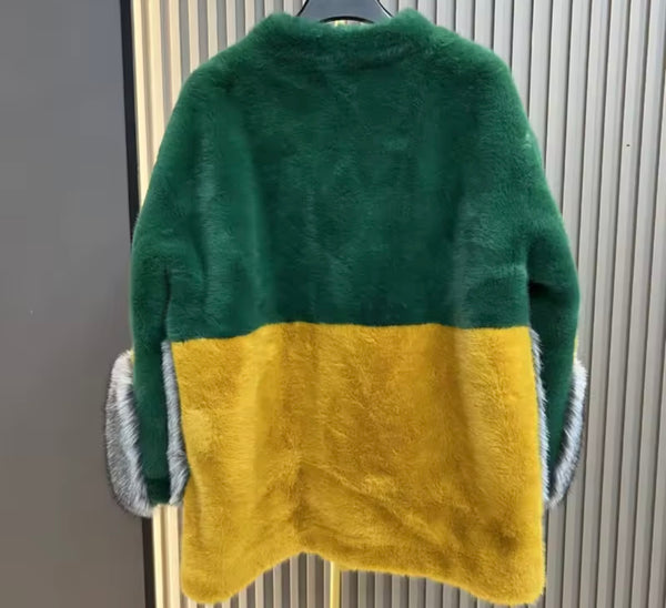 Women Fashion Color Patchwork Faux Fur Jacket