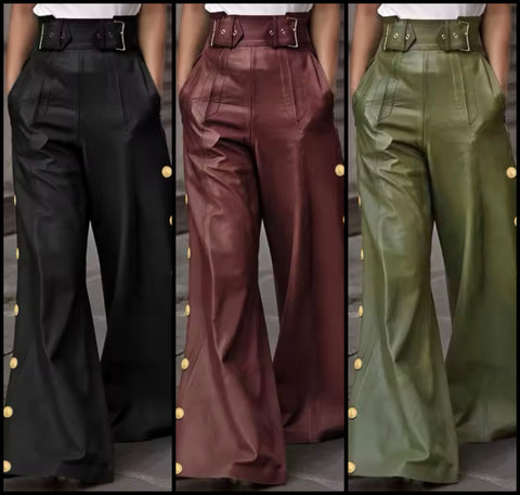 Women Color Fashion Button Faux Leather Loose Fit Pants