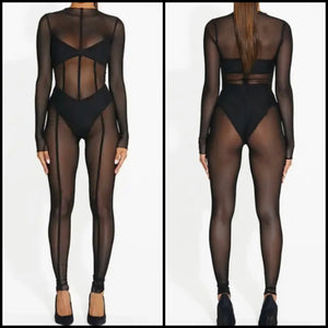 Women Sexy Fashion Black Mesh Full Sleeve Jumpsuit