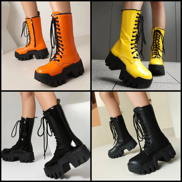Women Fashion Color Patent Leather Lace Up Boots