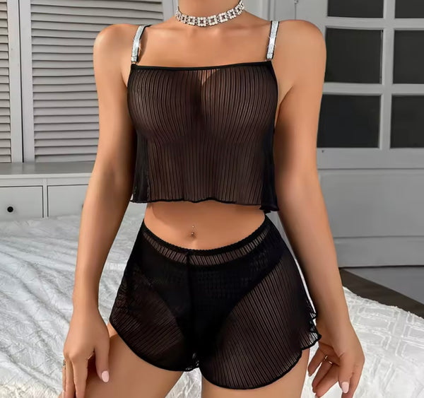 Women Sexy See Through Black Bling Sleeveless Lingerie Short Set