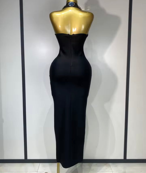 Women Black Halter Sleeveless Color Crystal Sexy Maxi Dress