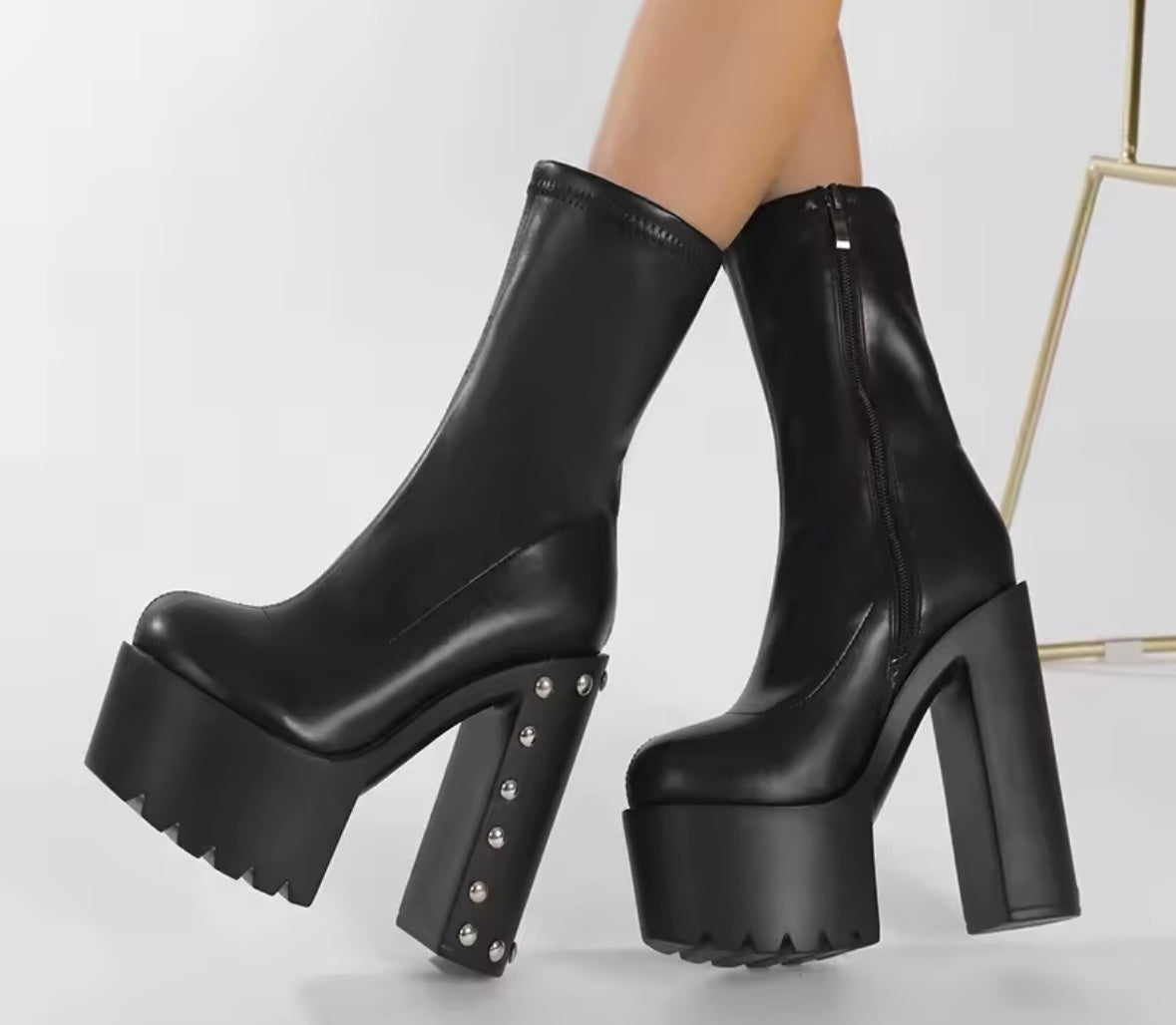 Women Fashion Black Platform Rivet High Heel Ankle Boots