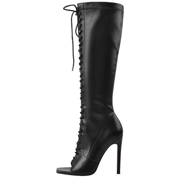 Women Black Open Toe Lace Up Faux Leather Knee High Boots