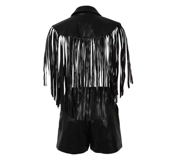 Women Fashion Faux Leather Sleeveless Tassel Two Piece Short Set