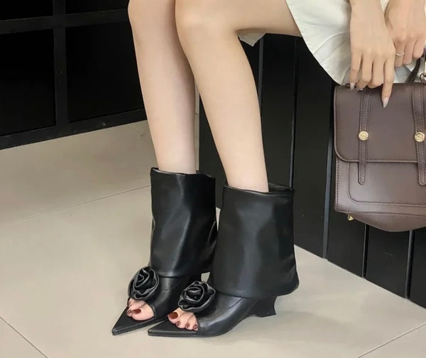 Women Fashion Pointed Open Toe Rose Platform Wedge Ankle Boots