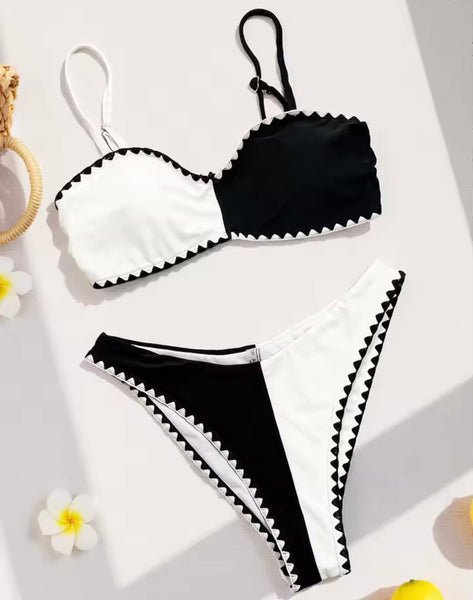 Women Sexy B&W Color Patchwork Bikini Swimsuit