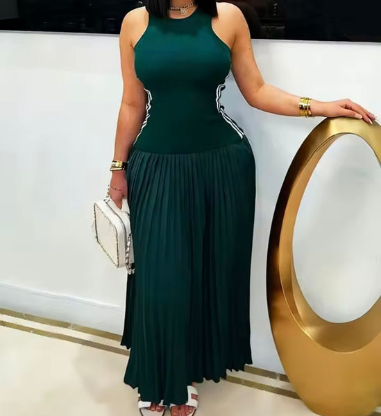 Women Sexy Sleeveless Side Striped Pleated Maxi Dress