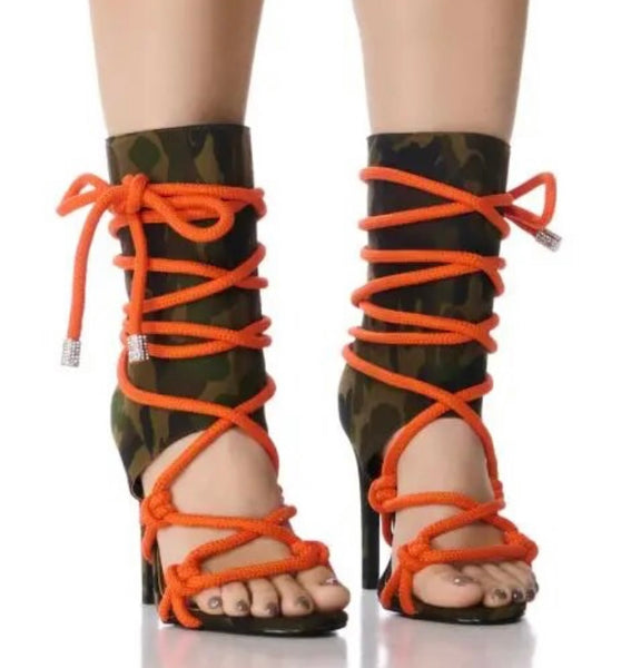 Women Fashion Open Toe Lace Up Camouflage Ankle Boots