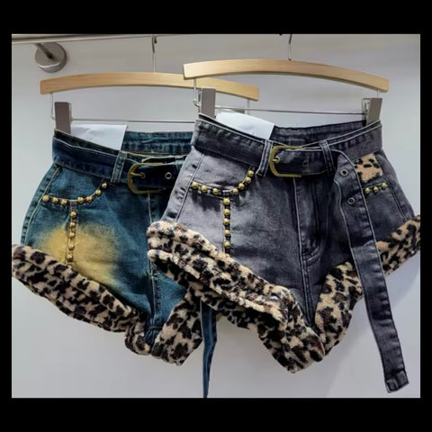 Women Fashion Leopard Faux Fur Patchwork Denim Shorts