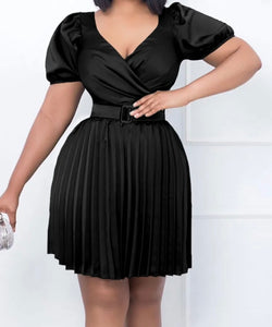Women Sexy Short Sleeve Satin Belted Pleated Dress