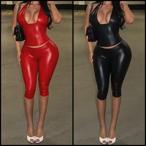 Women Sexy Halter Sleeveless PU Two Piece Capri Pant Set