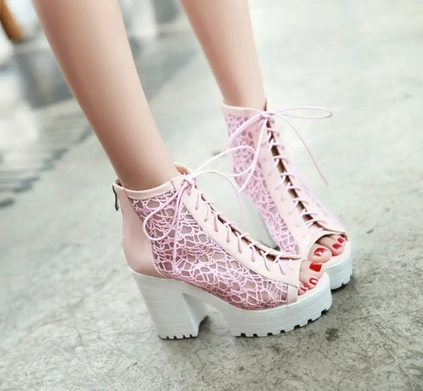 Women Fashion Open Toe Lace Platform Tie Up Ankle Boots