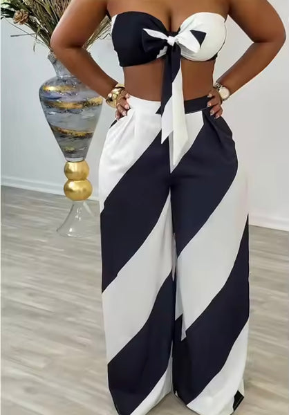 Women Sexy Tie Up Strapless Color Patchwork Two Piece Pant Set