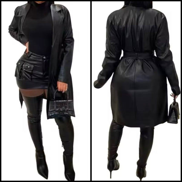 Women Fashion Black PU Leather Belted Trench Jacket