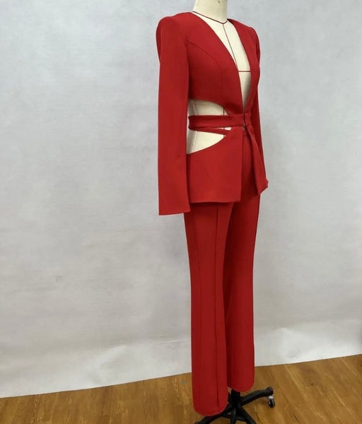 Women Red Sexy Full Sleeve Blazer Two Piece Pant Set