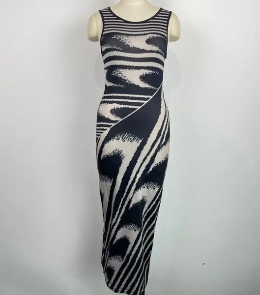 Women Sexy Sleeveless Color Patchwork Printed Maxi Dress