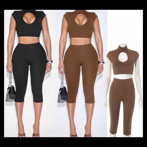 Women Sexy Turtleneck Short Sleeve Cut Out Two Piece Capri Pant Set