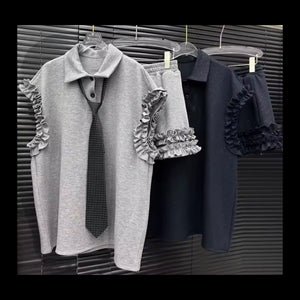 Women Collar Ruffled Sleeveless Two Piece Skirt Set