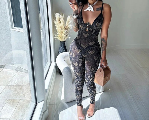 Women Sexy Sleeveless Heart Print Mesh Jumpsuit