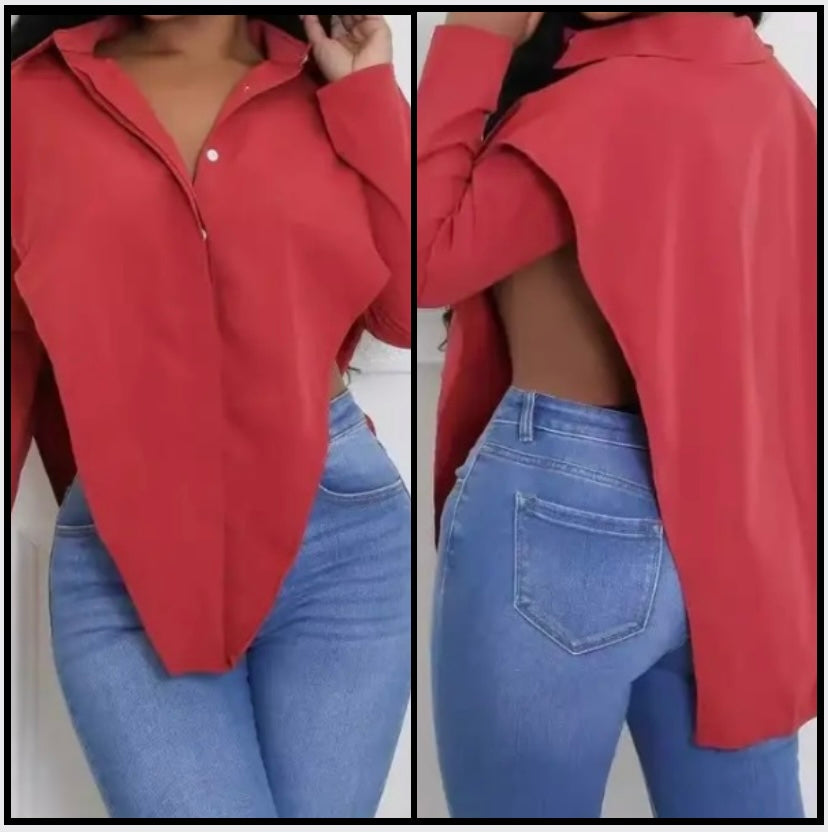 Women Red Button Up Full Sleeve Top