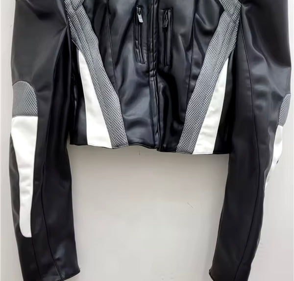 Women Fashion Zip Up Faux Leather Short Jacket