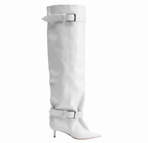 Women Pointed Toe Double Buckle Knee High Boots