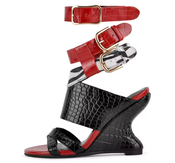 Women Fashion Color Patchwork Wedge Ankle Strap Sandals