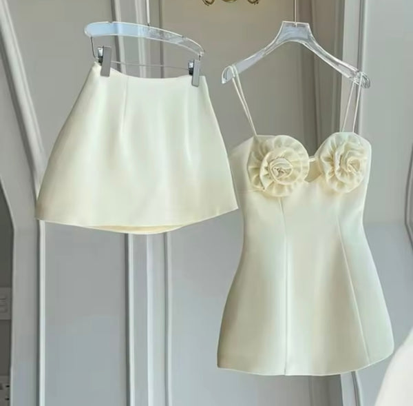 Women Sexy Sleeveless 3D Floral Patchwork Two Piece Skirt Set