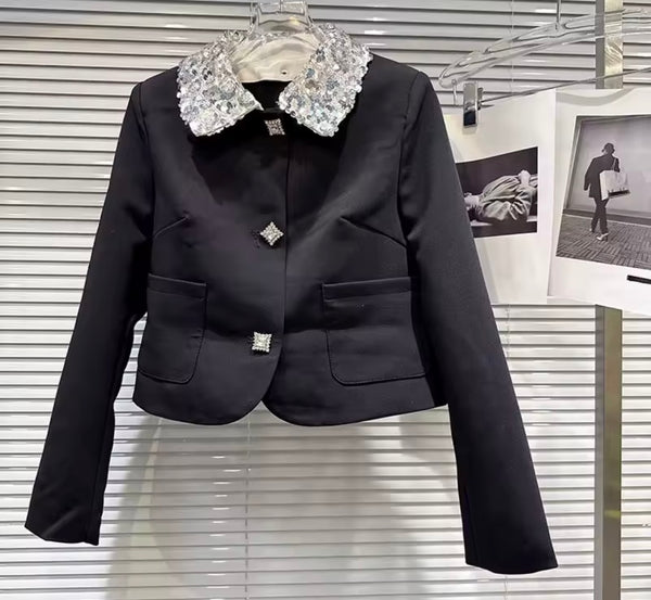 Women Black Lace Collar Bling Button Up Blazer Two Piece Short Set