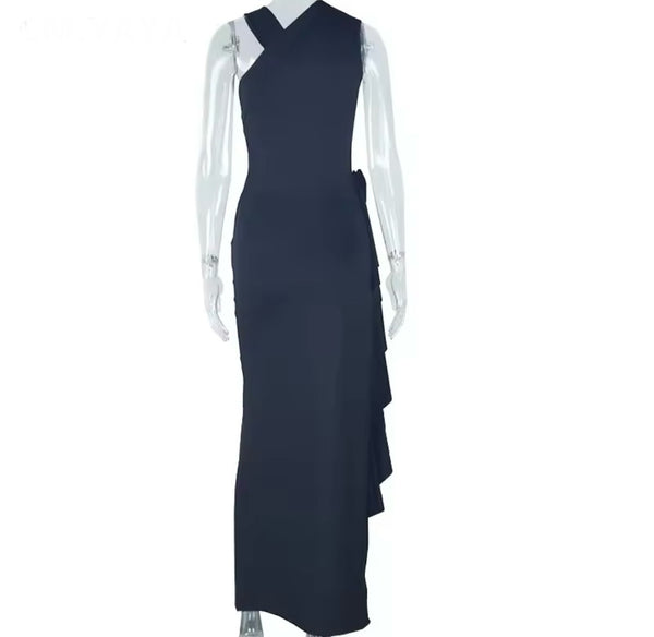 Women Sexy Sleeveless Solid Color Ruffled Split Maxi Dress