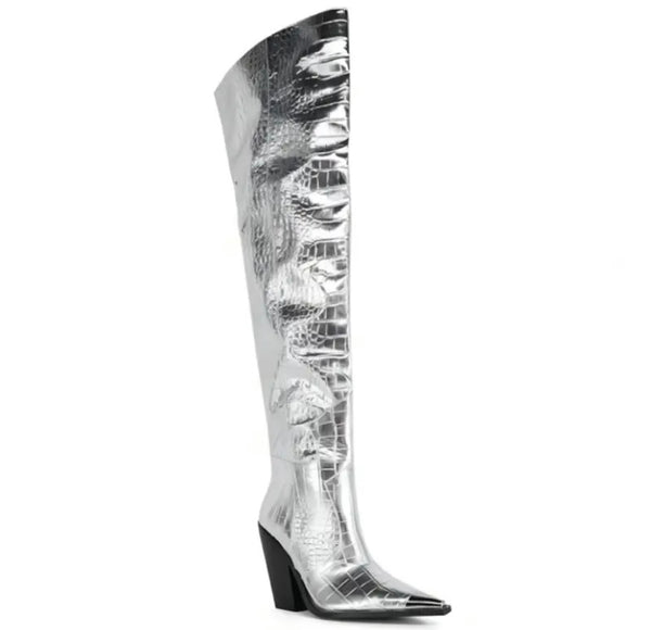 Women Fashion Silver Over The Knee Western Boots